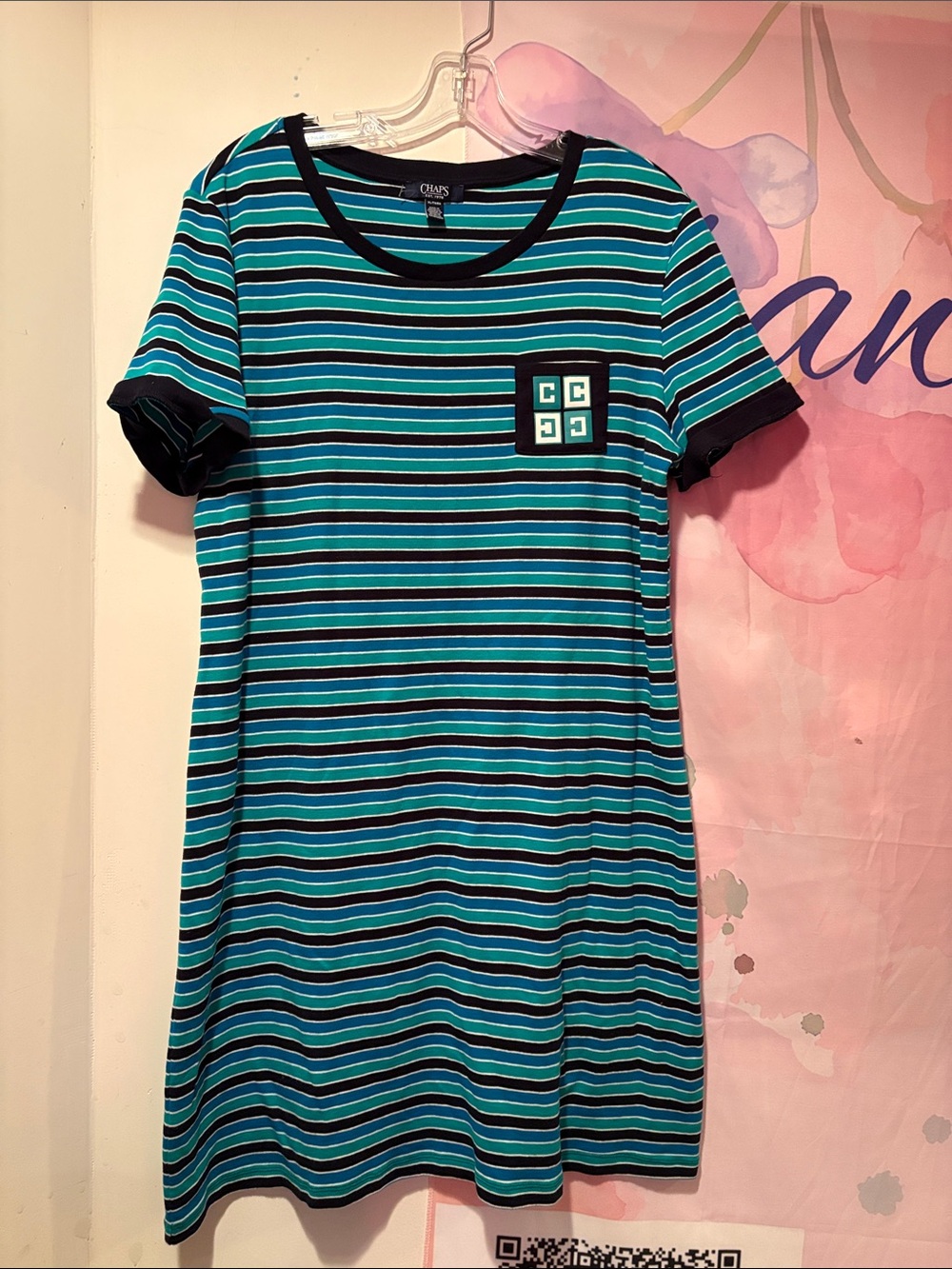 Chaps Teal, Aqua & Black Striped Tee Dress